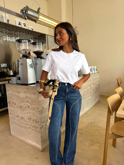 Women's Denim Knit High-Waist Straight-Leg Streetwear Pants - product detail view 2