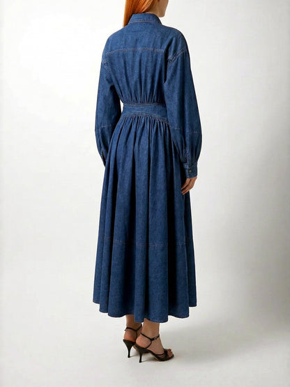 Women's Denim Shirt Dress Seven Quarter Sleeve Loose Casual Spring Dress - product detail view 1