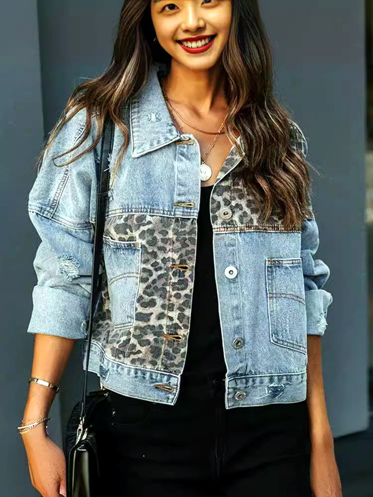 Women's Denim Patchwork Relaxed-Fit Point-Collar Long-Sleeve Office Shirt - product detail view 2