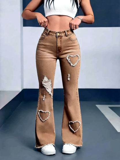 Women's Washed Denim Solid-Color Distressed Raw-Hem Mid-Rise Jeans in Brown - product view