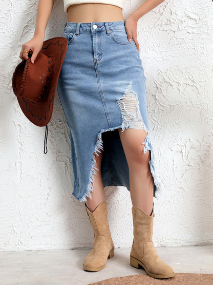 Women's Denim Distressed Stretch Asymmetric Slit Midi Skirt - product detail view 3