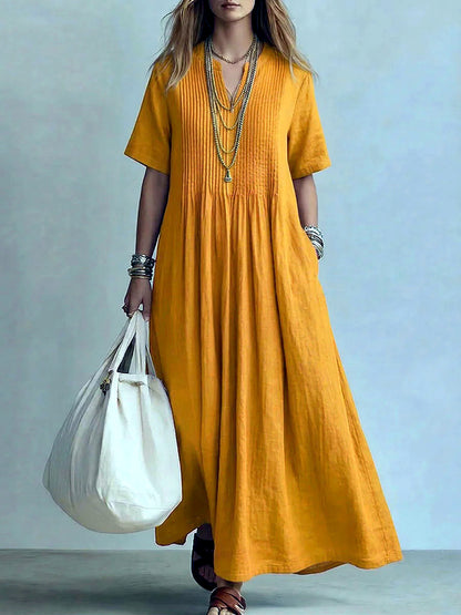 Women's Linen-Blend Solid-Color V-Neck Patchwork Relaxed-Fit Short-Sleeve Dress in Yellow - product view