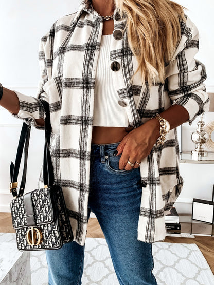 Women's Plaid Point-Collar Patchwork Relaxed-Fit Long-Sleeve Woven-Panel Cardigan - product detail view 1