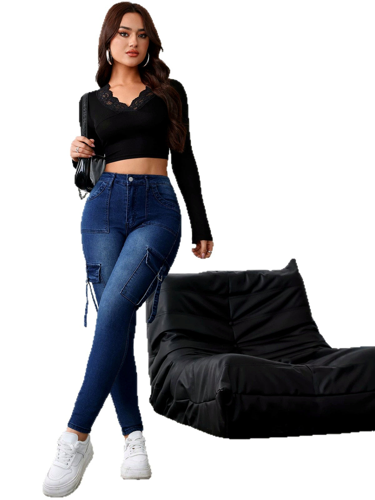 Women's Washed Denim Solid-Color Distressed Slim-Fit Mid-Rise Jeans - product detail view 3