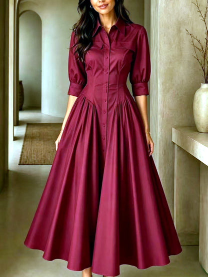 Linen-Blend Solid-Color Pocket High-Waist Dress in Burgundy - product view