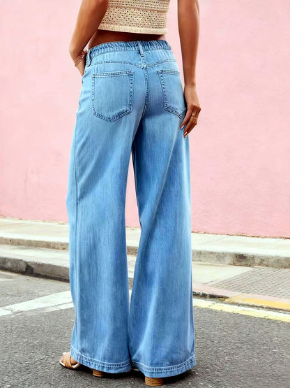 Women's Denim Relaxed-Fit Wide-Leg Straight-Leg Flared Belted Jeans - product detail view 1