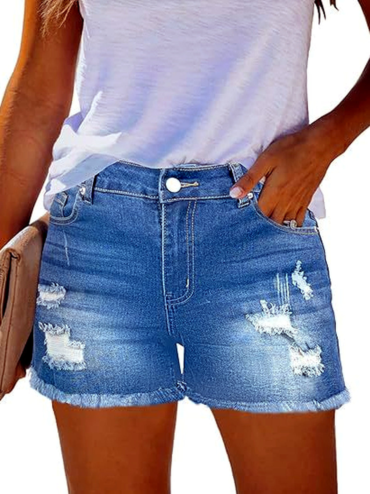 Women's Washed Denim Distressed Raw-Hem High-Waist Mid-Rise Shorts in Light Blue - product view