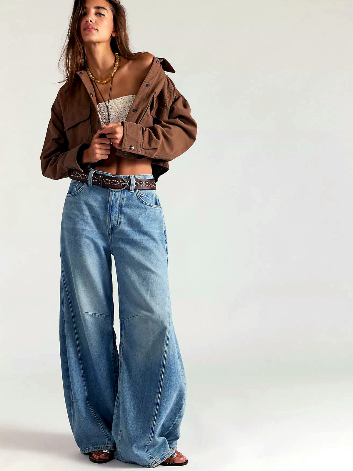 Women's Denim High-Waist Wide-Leg Vintage-Inspired Washed Straight-Leg Relaxed-Fit Jeans in Light Blue - product view