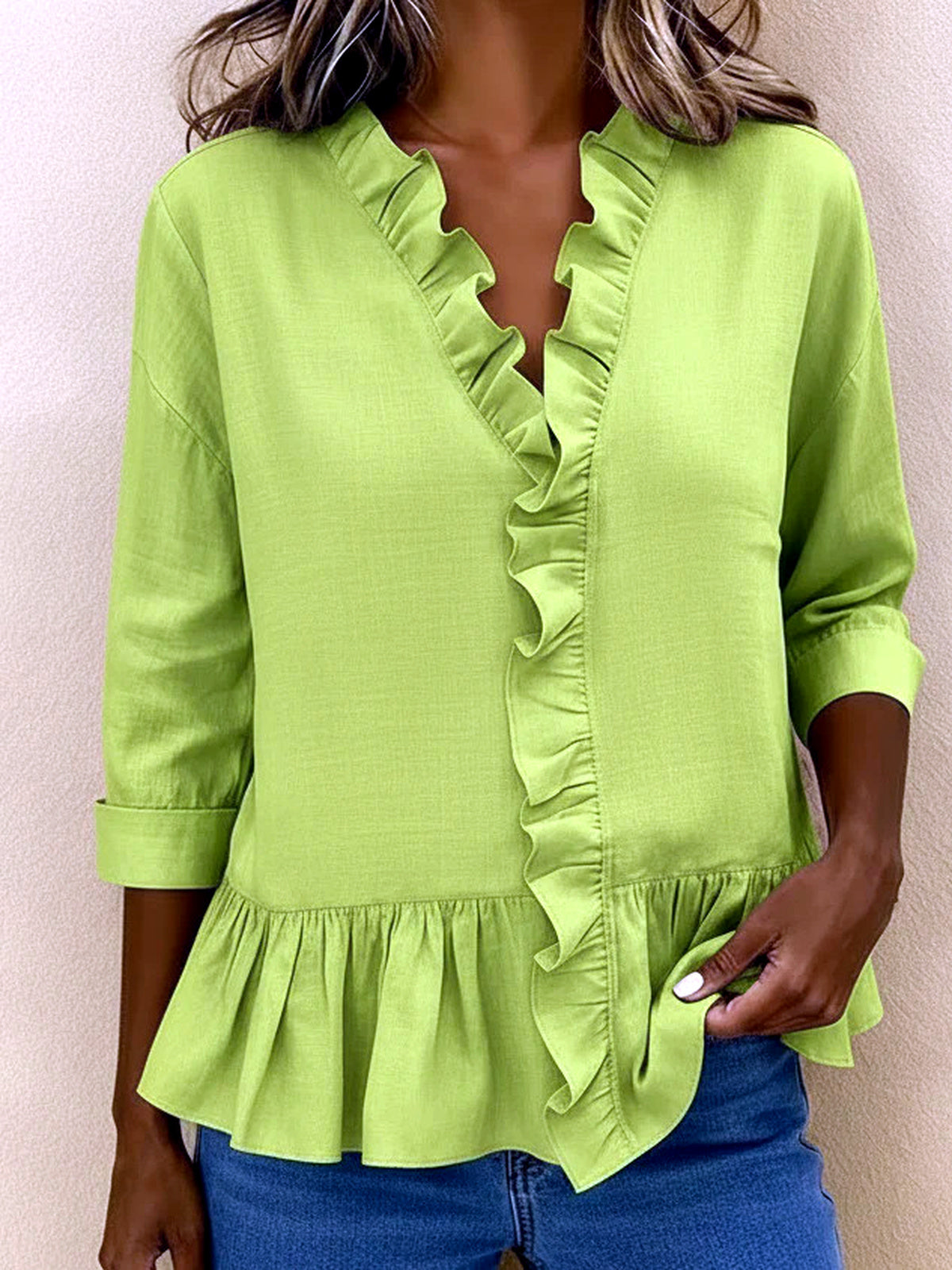 Women's Solid-Color Ruffle-Trim Relaxed-Fit Long-Sleeve Longline Mid-Length Shirt in Green - product view