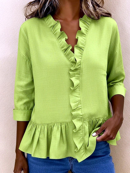 Women's Solid-Color Ruffle-Trim Relaxed-Fit Long-Sleeve Longline Mid-Length Shirt in Green - product view