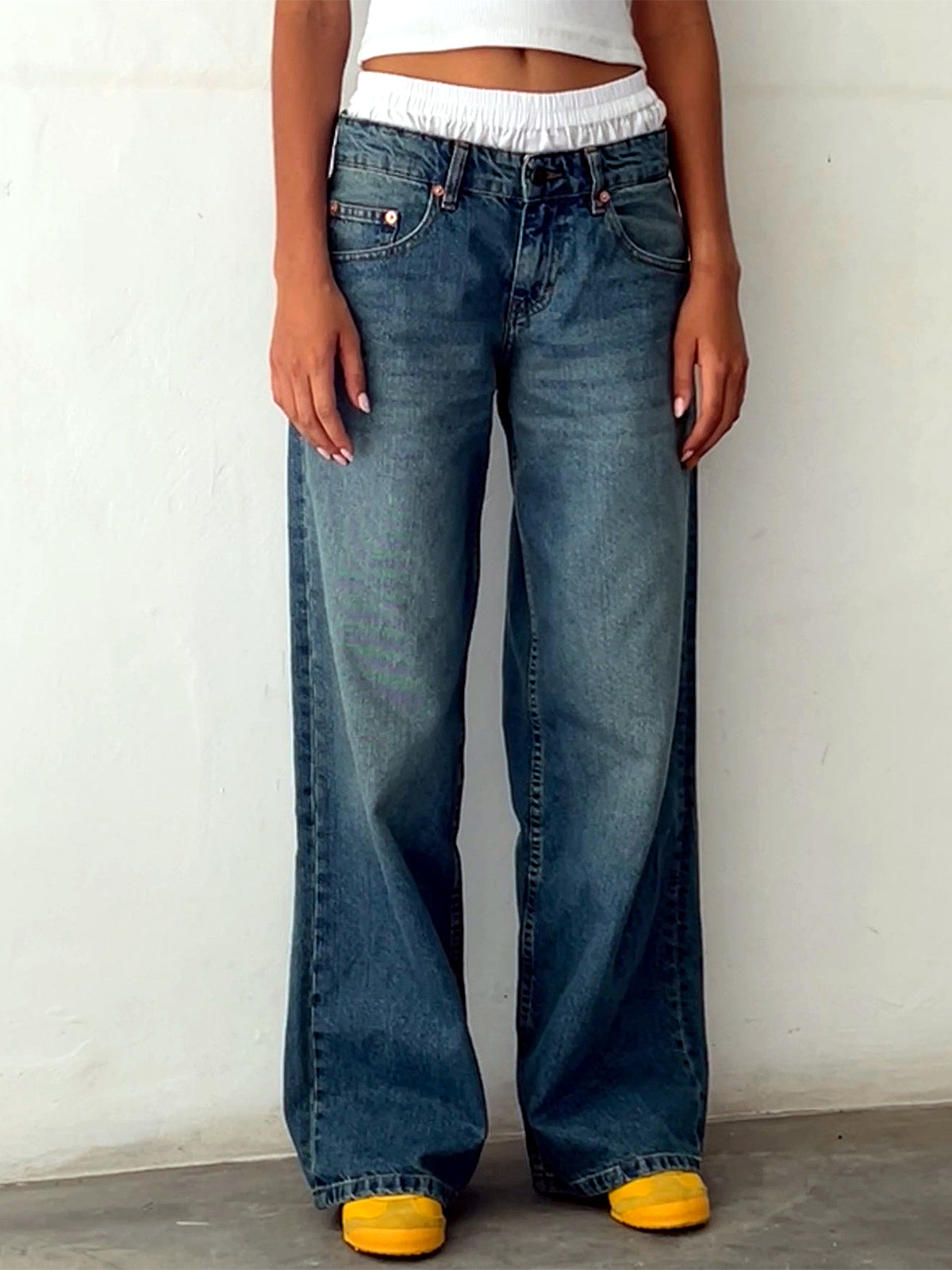 Women's Washed Denim Wide-Leg Vintage-Inspired Distressed Straight-Leg Jeans in 12176 - product view
