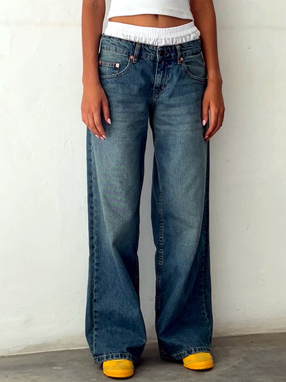 Women's Washed Denim Wide-Leg Vintage-Inspired Distressed Straight-Leg Jeans in 12176 - product view
