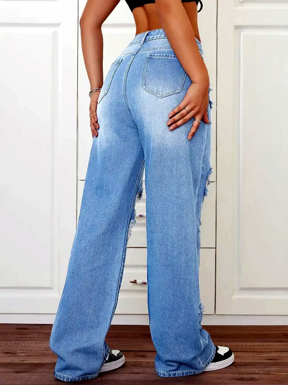 Women's Washed Denim Distressed High-Waist Straight-Leg Vintage-Inspired Jeans - product detail view 2