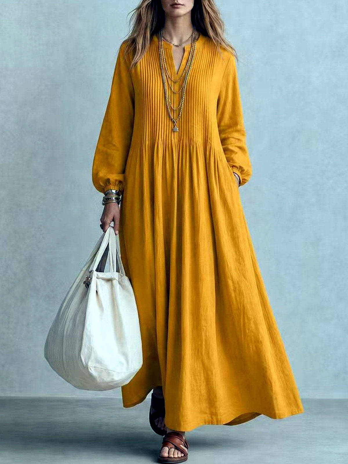 Women's Linen-Blend Solid-Color V-Neck Patchwork Relaxed-Fit Long-Sleeve Dress in Yellow - product view