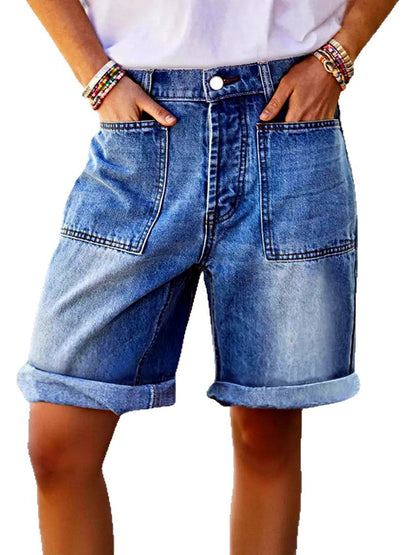 Women's Washed Denim Distressed Stretch Mid-Rise Straight-Leg Jeans - product detail view 2