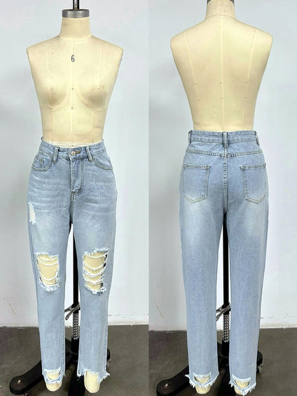 Women's Denim Distressed Mid-Rise Straight-Leg Pants - product detail view 1