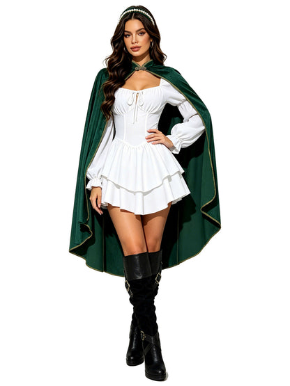 Women's Halloween Cosplay Medieval-Inspired Velvet Stand-Collar Vintage-Inspired Poncho in Green - product view