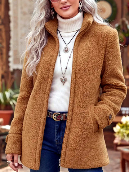 Women's Solid-Color Stand-Collar Patchwork Zip-Front Relaxed-Fit Long-Sleeve Jacket in Brown - product view