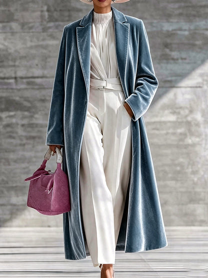Women's Velvet Knit Solid-Color Point-Collar Relaxed-Fit Long-Sleeve Cardigan in Blue - product view