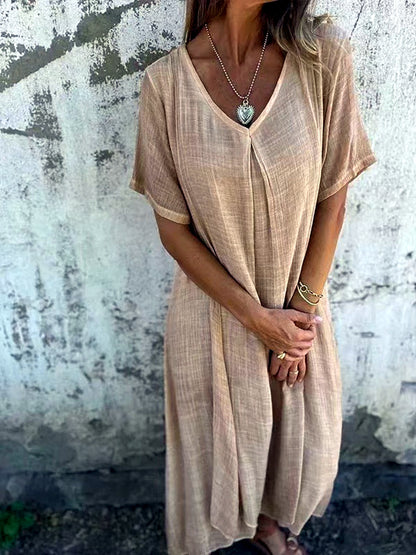 Patchwork Linen-Blend Solid-Color Relaxed-Fit Mid-Rise Short-Sleeve Dress in Apricot - product view