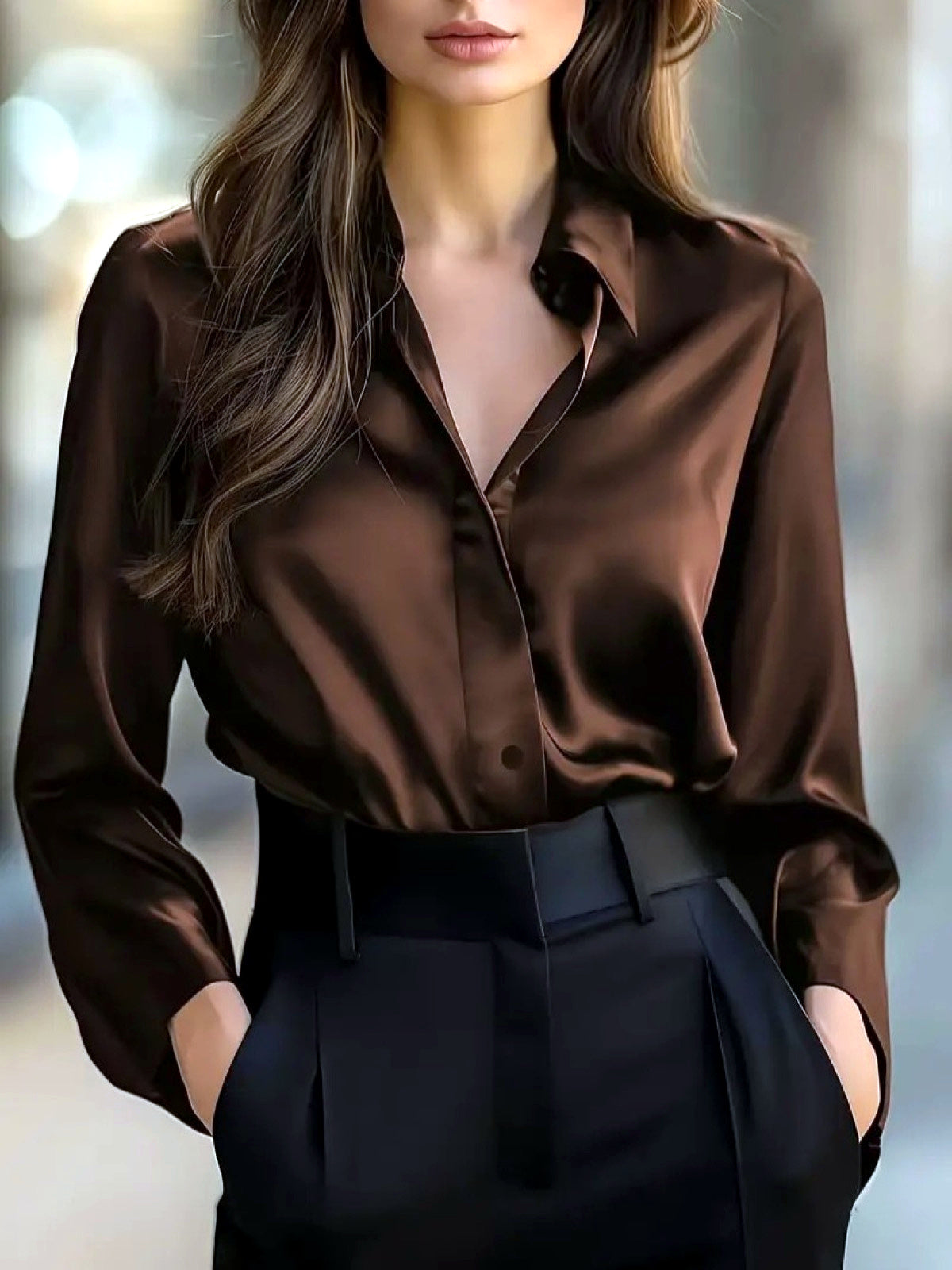 Women's Solid-Color V-Neck Patchwork Button-Front Long-Sleeve Shirt in Coffee Brown - product view