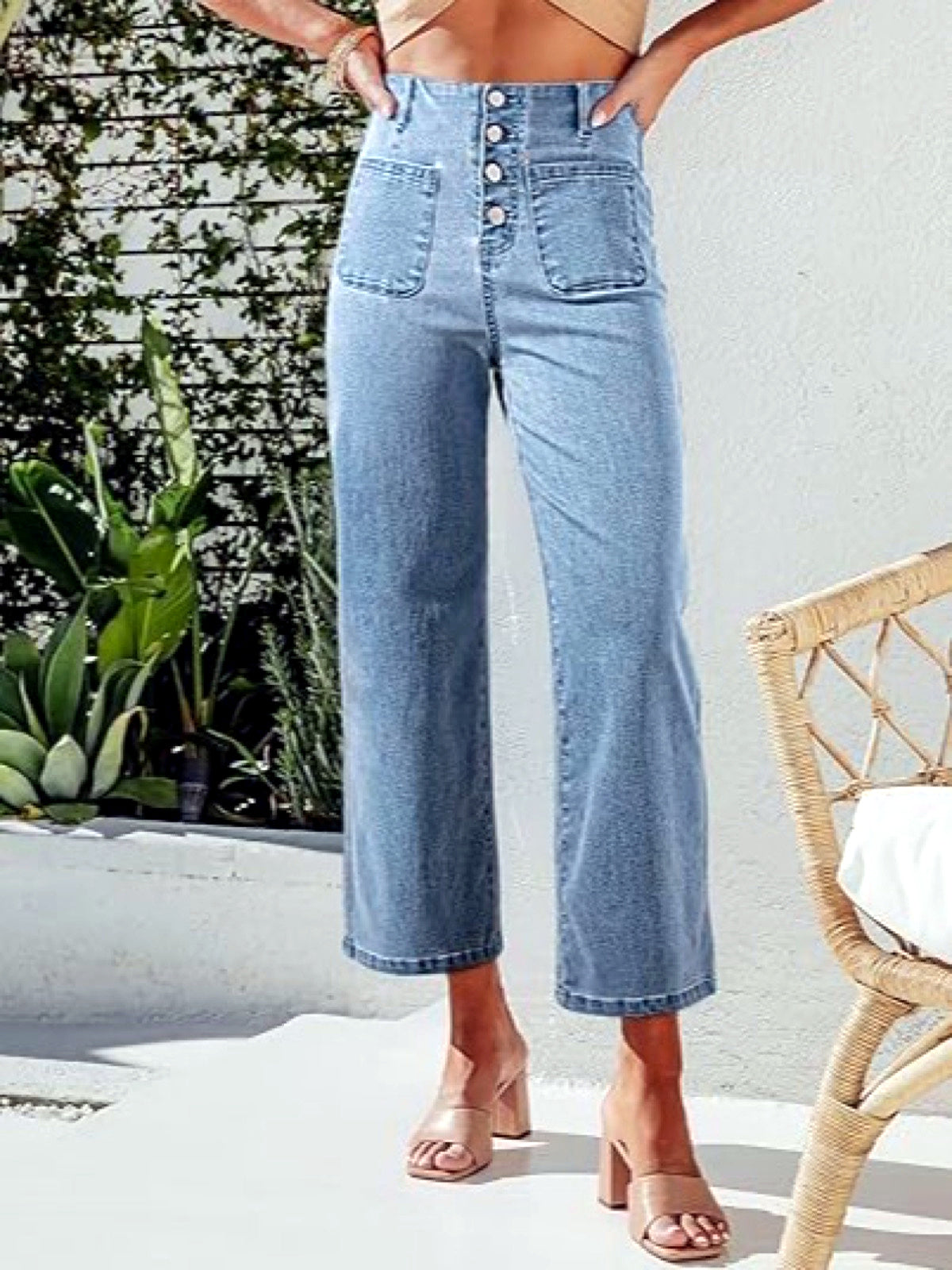 Women's Denim High-Waist Wide-Leg Jeans in Light Blue - product view