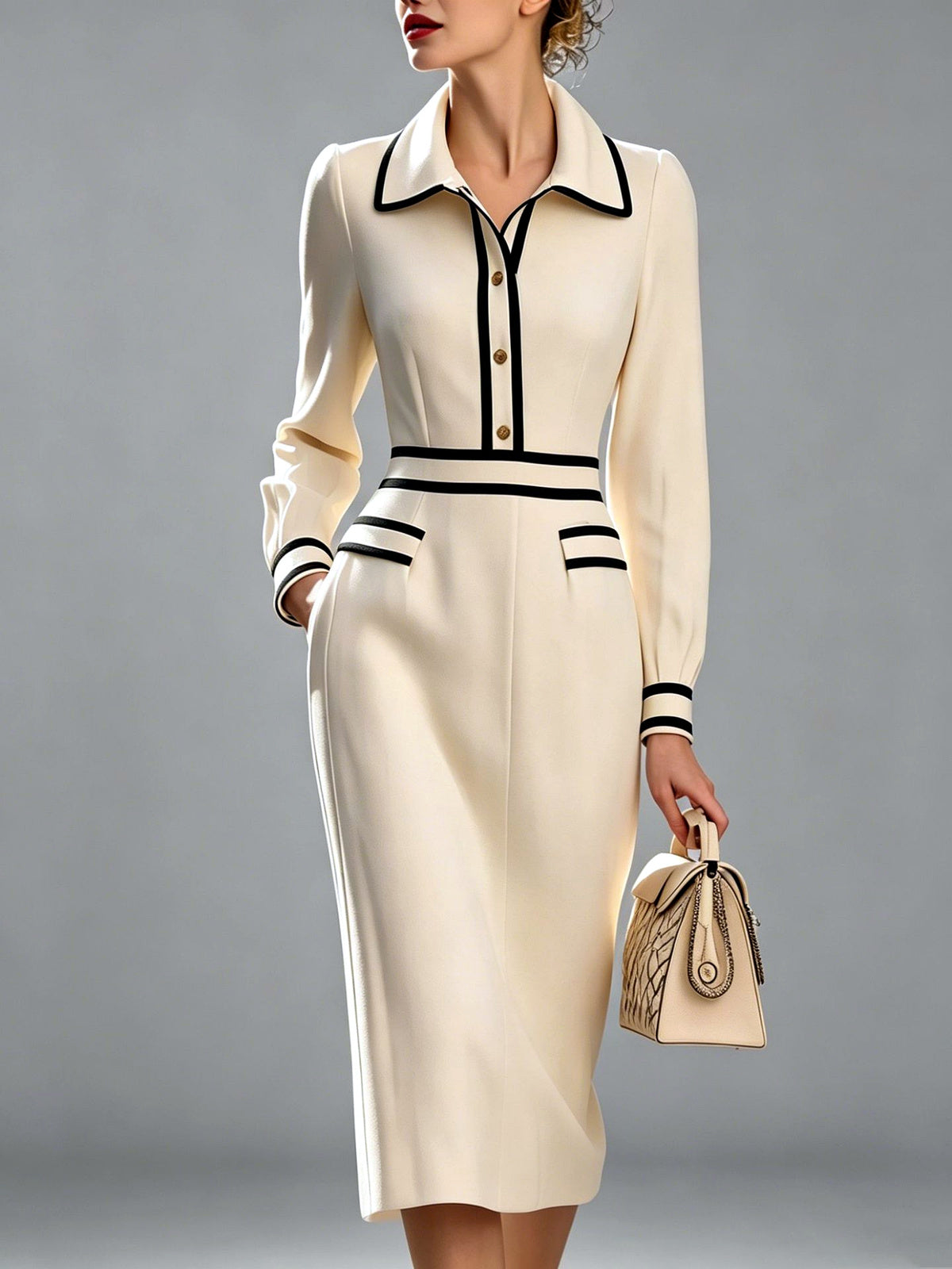 Point-Collar Patchwork Button-Front Slim-Fit Long-Sleeve Midi Dress in Apricot - product view