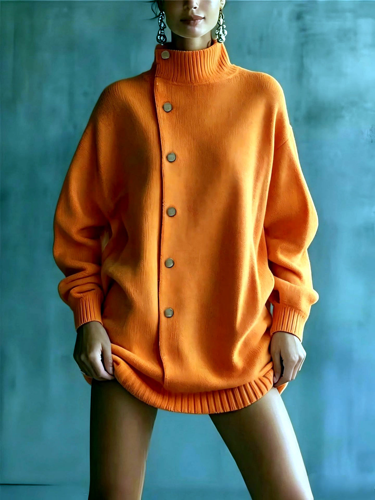 Women's Knit Solid-Color Relaxed-Fit Long-Sleeve Mid-Length Office Cardigan in Orange - product view