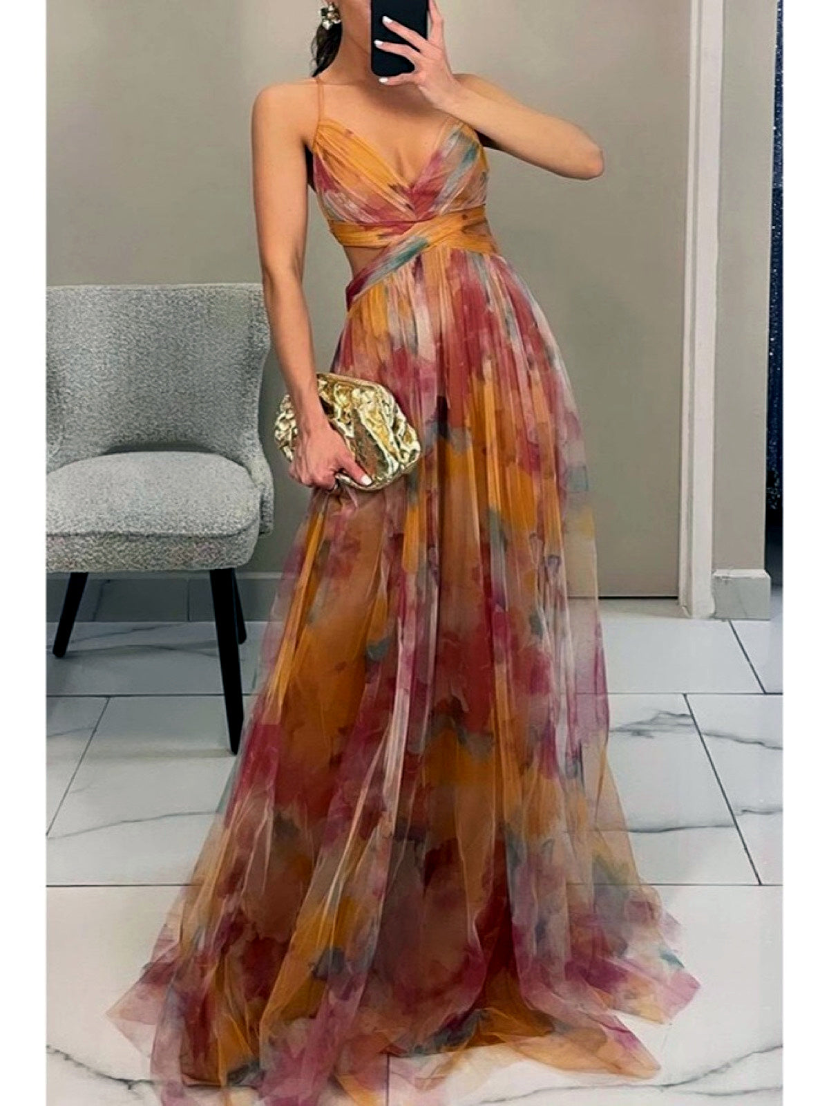Printed Zip-Front Pullover Slim-Fit Sleeveless Mid-Rise Dress in Orange - product view