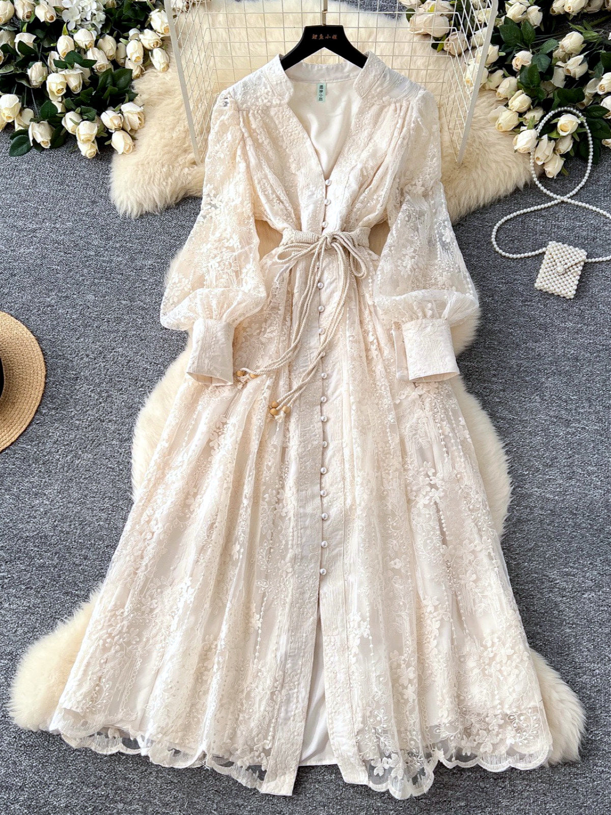 Women's Solid-Color V-Neck Lace-Trim Long-Sleeve Puff-Sleeve Dress in Apricot - product view