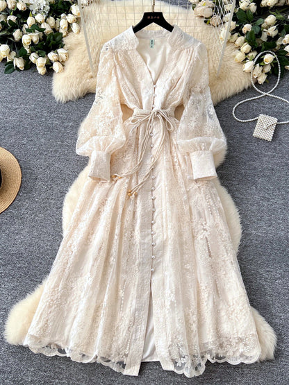 Women's Solid-Color V-Neck Lace-Trim Long-Sleeve Puff-Sleeve Dress in Apricot - product view