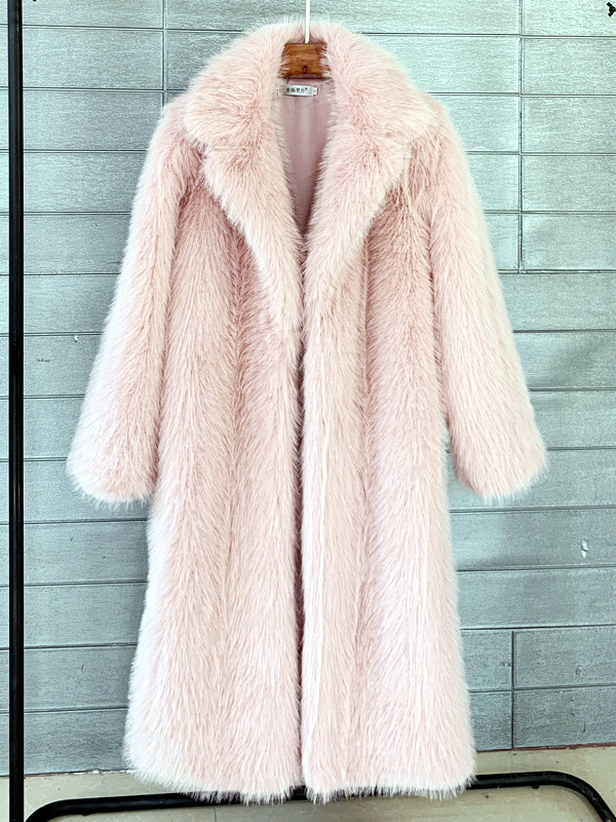 Women's Faux-Fur Notched-Lapel Long-Sleeve Longline Coat in Red - product view