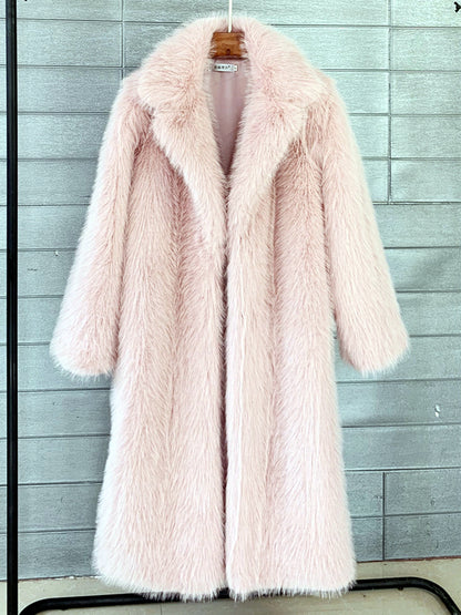 Women's Faux-Fur Notched-Lapel Long-Sleeve Longline Coat in Red - product view
