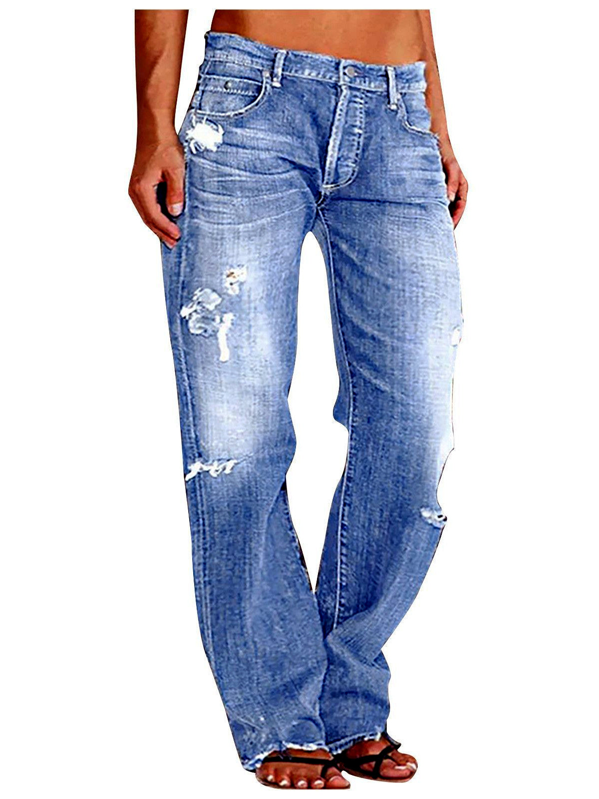 Women's Denim Mid-Rise Straight-Leg Distressed Jeans in Light Blue - product view