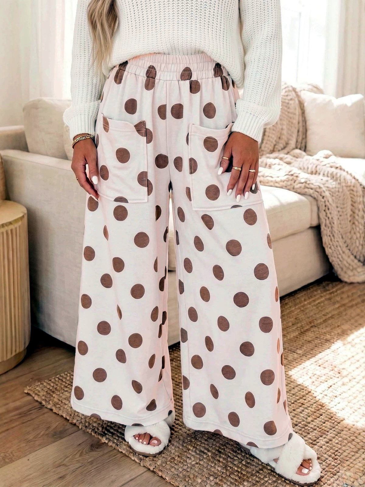 Women's Printed Pocket Polka-Dot High-Waist Wide-Leg Pants in Apricot - product view