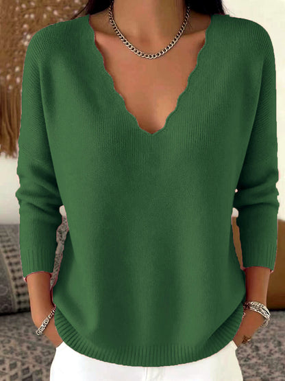 V Solid Color Long Sleeve Knit Sweater in Army Green - product view