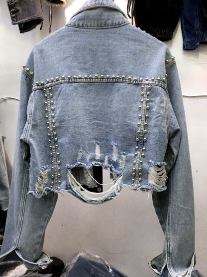 Women's Denim Point-Collar Long-Sleeve Office Jacket - product detail view 1