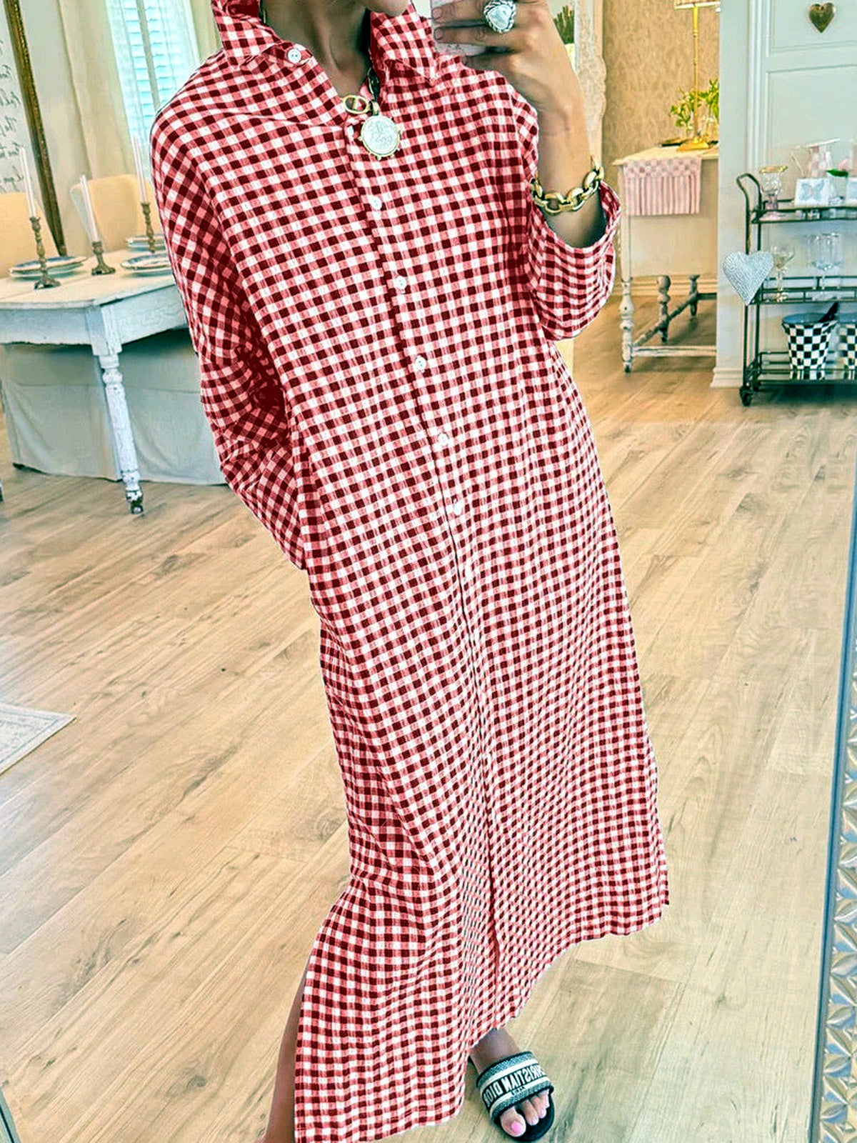Women's Plaid Patchwork Relaxed-Fit Long-Sleeve Longline Slit Dress in Red - product view