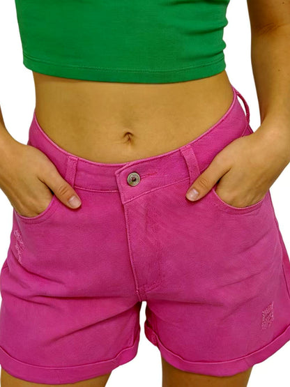 Women's Denim Distressed High-Waist Straight-Leg Office Shorts in Rose Red - product view