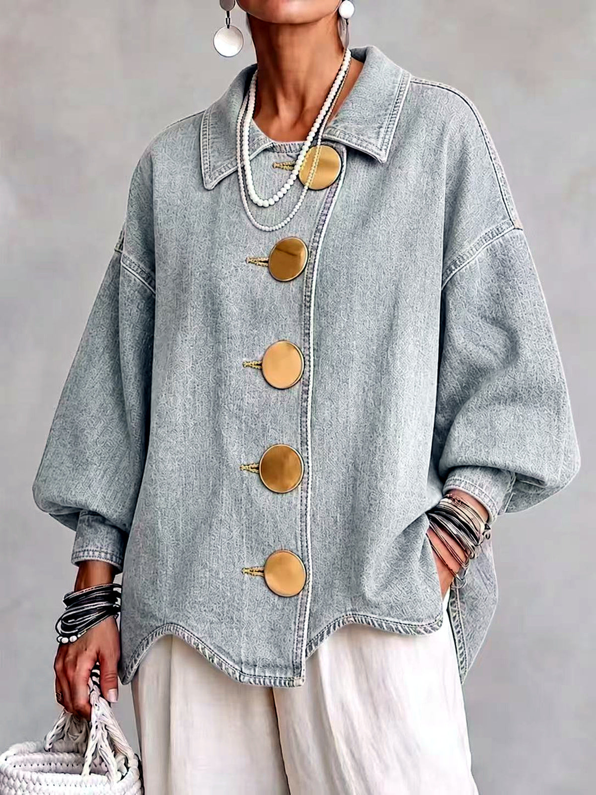 Women's Denim Point-Collar Button-Front Washed Jacket in Gray - product view