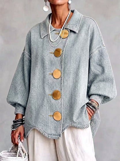 Women's Denim Point-Collar Button-Front Washed Jacket in Gray - product view