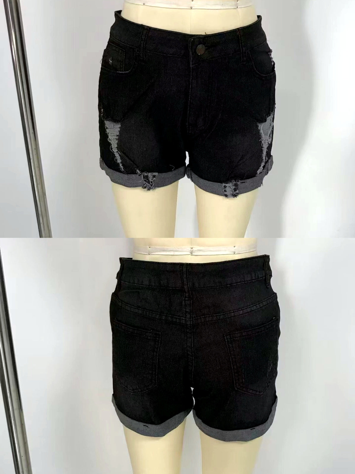 Women's Washed Denim Distressed Stretch Mid-Rise Straight-Leg Shorts - product detail view 1