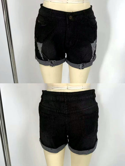 Women's Washed Denim Distressed Stretch Mid-Rise Straight-Leg Shorts - product detail view 1