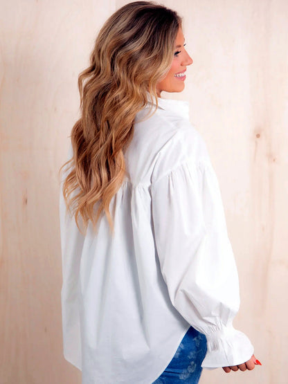Women's Solid-Color Patchwork Button-Front Relaxed-Fit Long-Sleeve Longline Shirt - product detail view 3