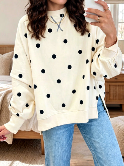 Women's Printed Crew-Neck Patchwork Relaxed-Fit Long-Sleeve Polka-Dot Sweatshirt in Apricot - product view