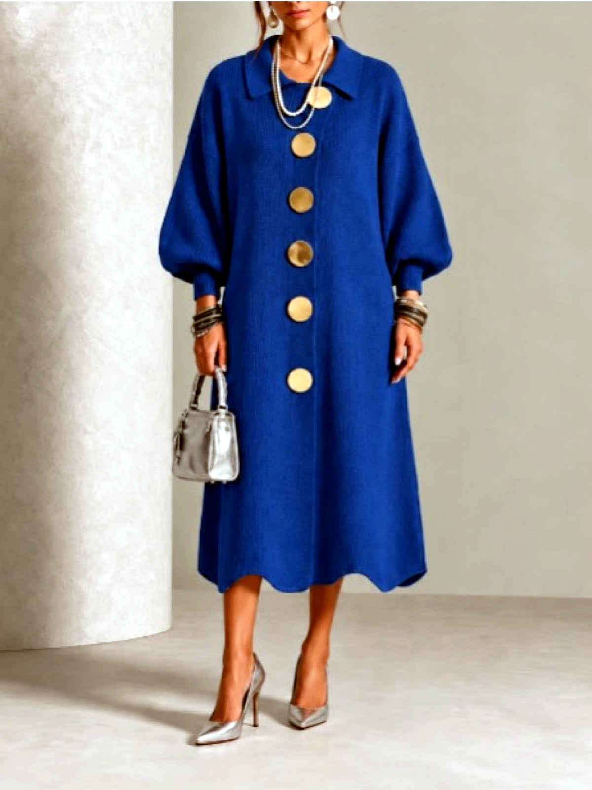 Women's Knit Solid-Color Polo-Collar Statement-Button Patchwork Dress in Blue - product view
