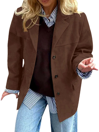 Women's Solid-Color Relaxed-Fit Single-Breasted Button-Front Point-Collar Pocket Blazer in Coffee Brown - product view