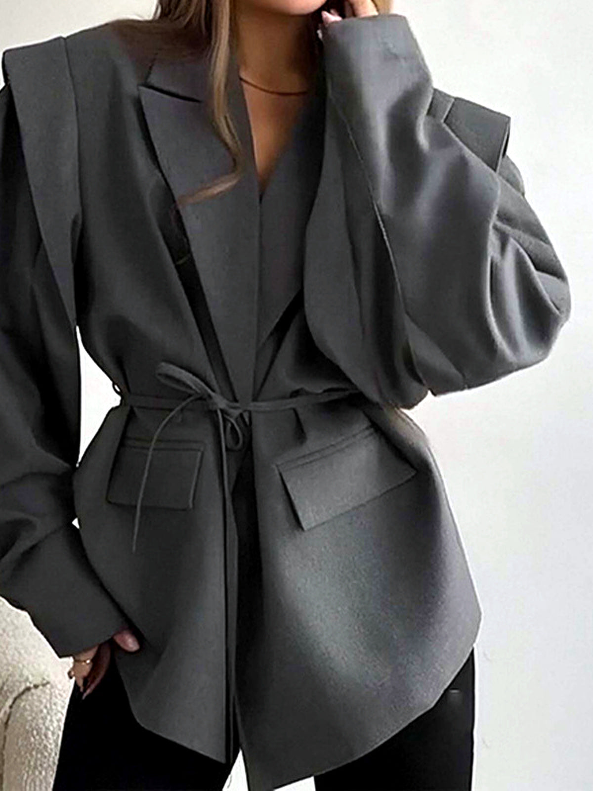 Women's Printed Solid-Color Slim-Fit Belted Long-Sleeve Office Blazer in 29782-Gray - product view