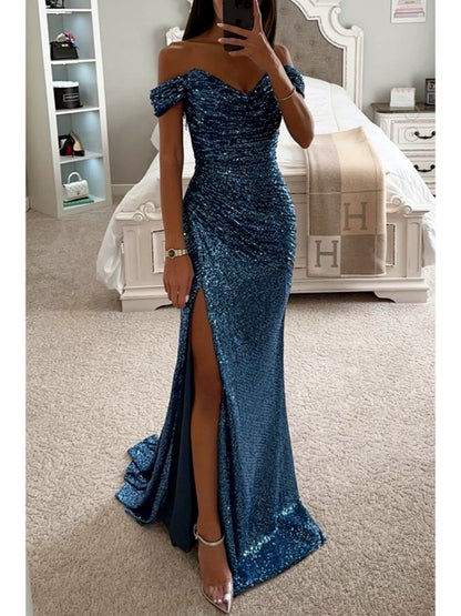 Women's Solid-Color Off-Shoulder Patchwork Zip-Front Pullover Dress in Blue - product view