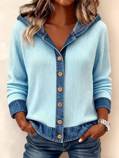 Women's Plaid Relaxed-Fit Hooded Cardigan in Blue - product view